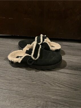 Sorel Black Suede Shearling-Lined Slip-On Clogs